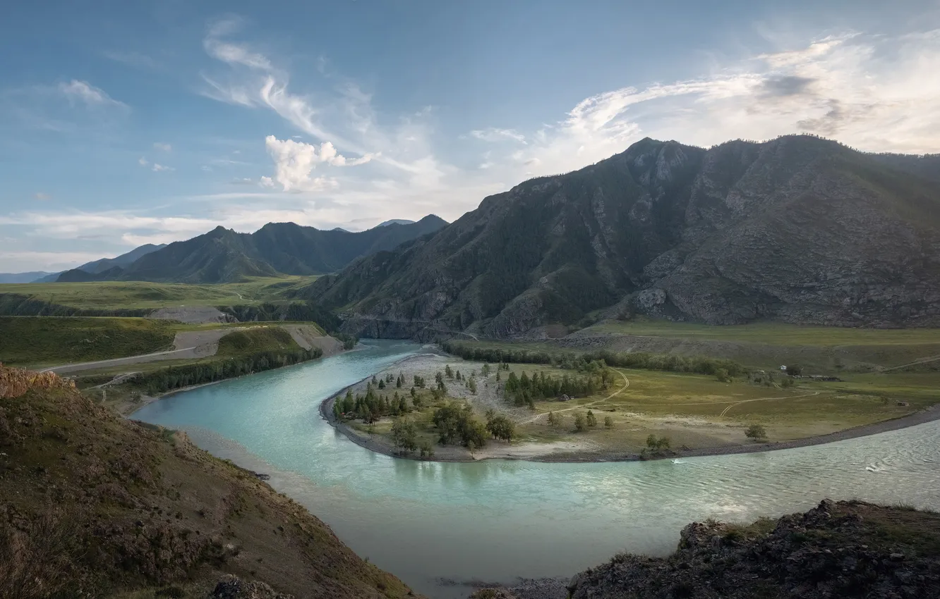 Фото обои river, sky, landscape, mountains, clouds
