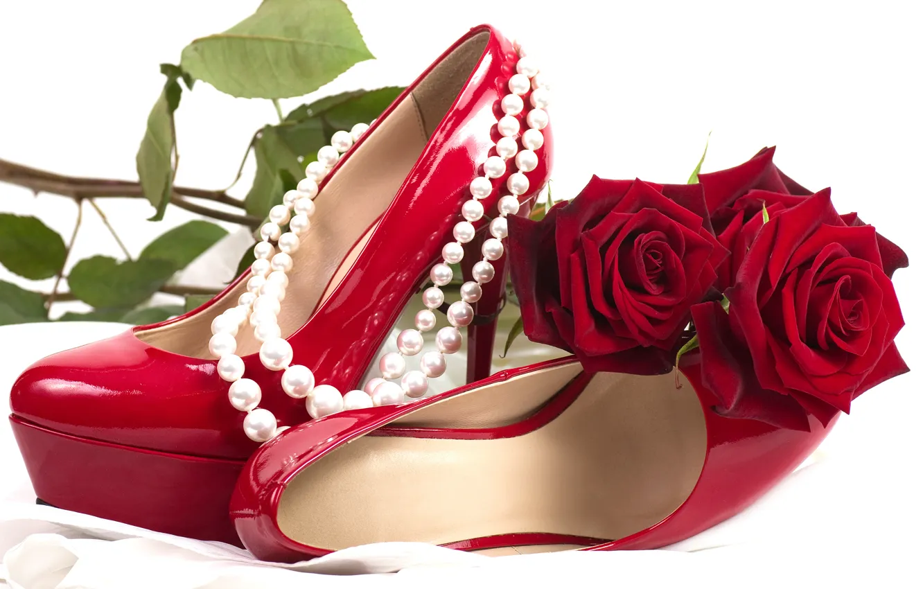 Фото обои цветок, цветы, красный, романтика, обувь, розы, жемчуг, red