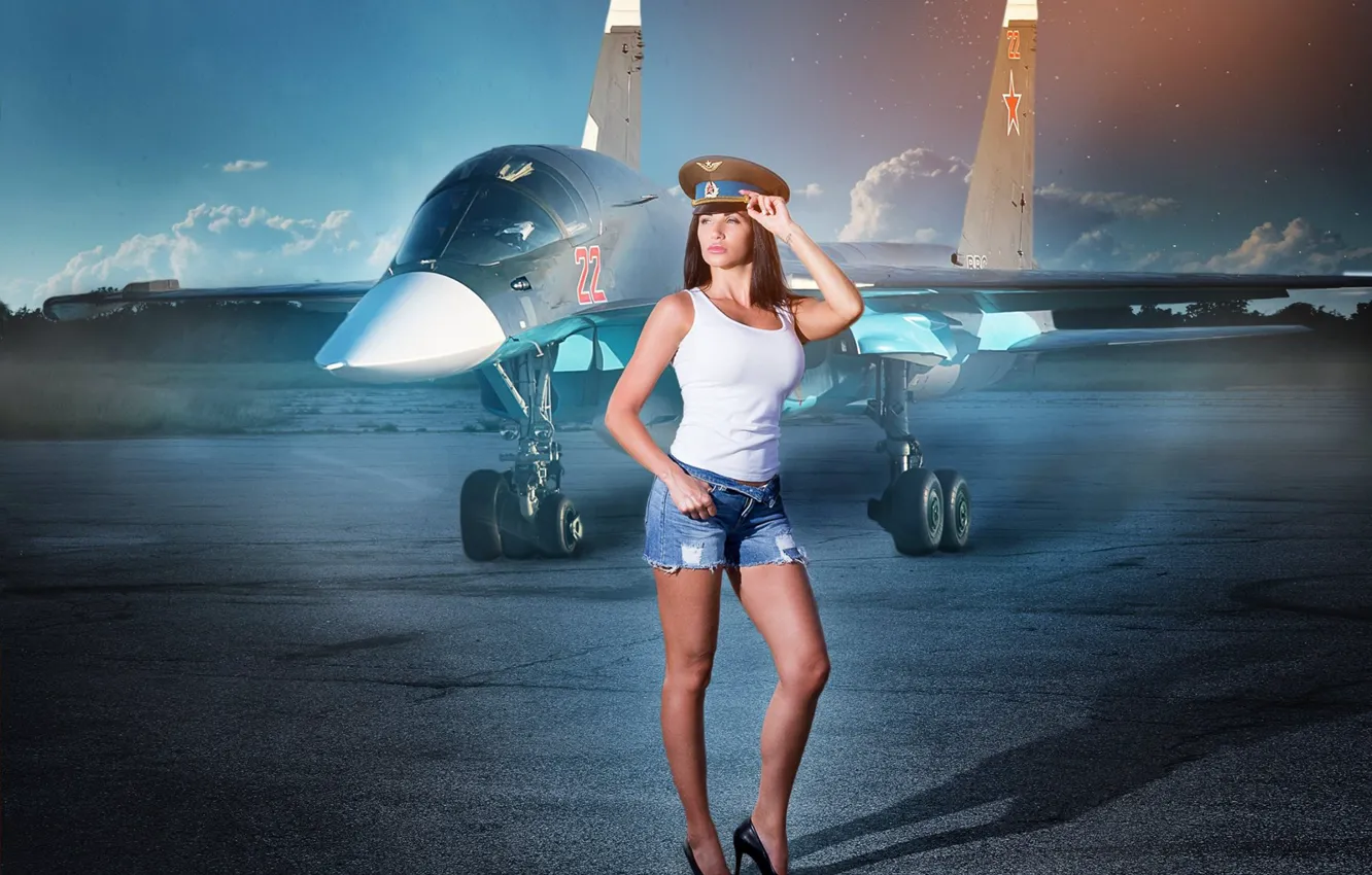 Фото обои девушка, поза, шорты, истребитель, фигура, самолёт, фуражка, Сергей Майбога