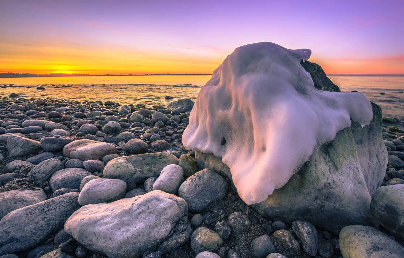 Фото обои море, закат, камни, побережье, лёд, Швеция, Sweden, Torö