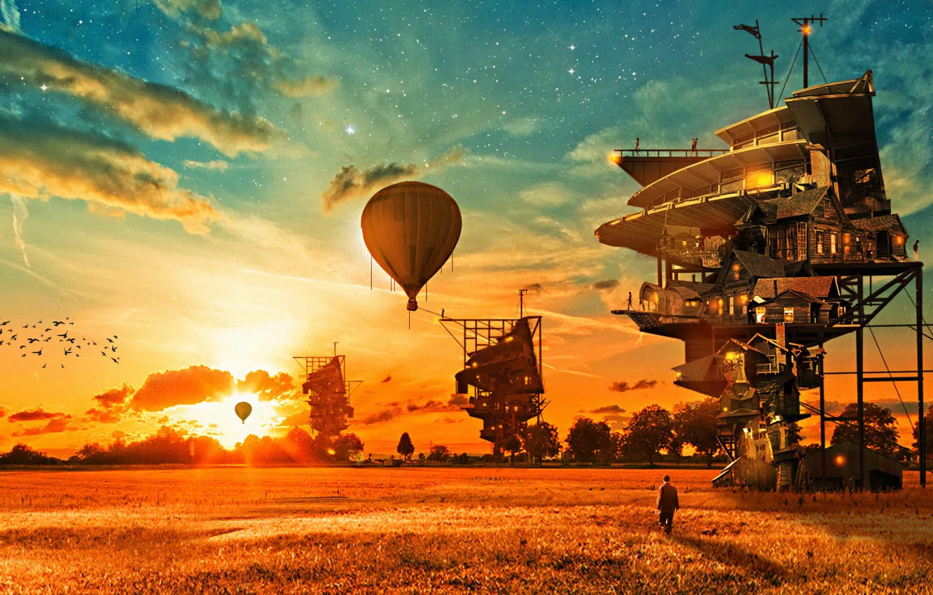 Фото обои поле, закат, птицы, будущее, воздушные шары, человек, дома, арт