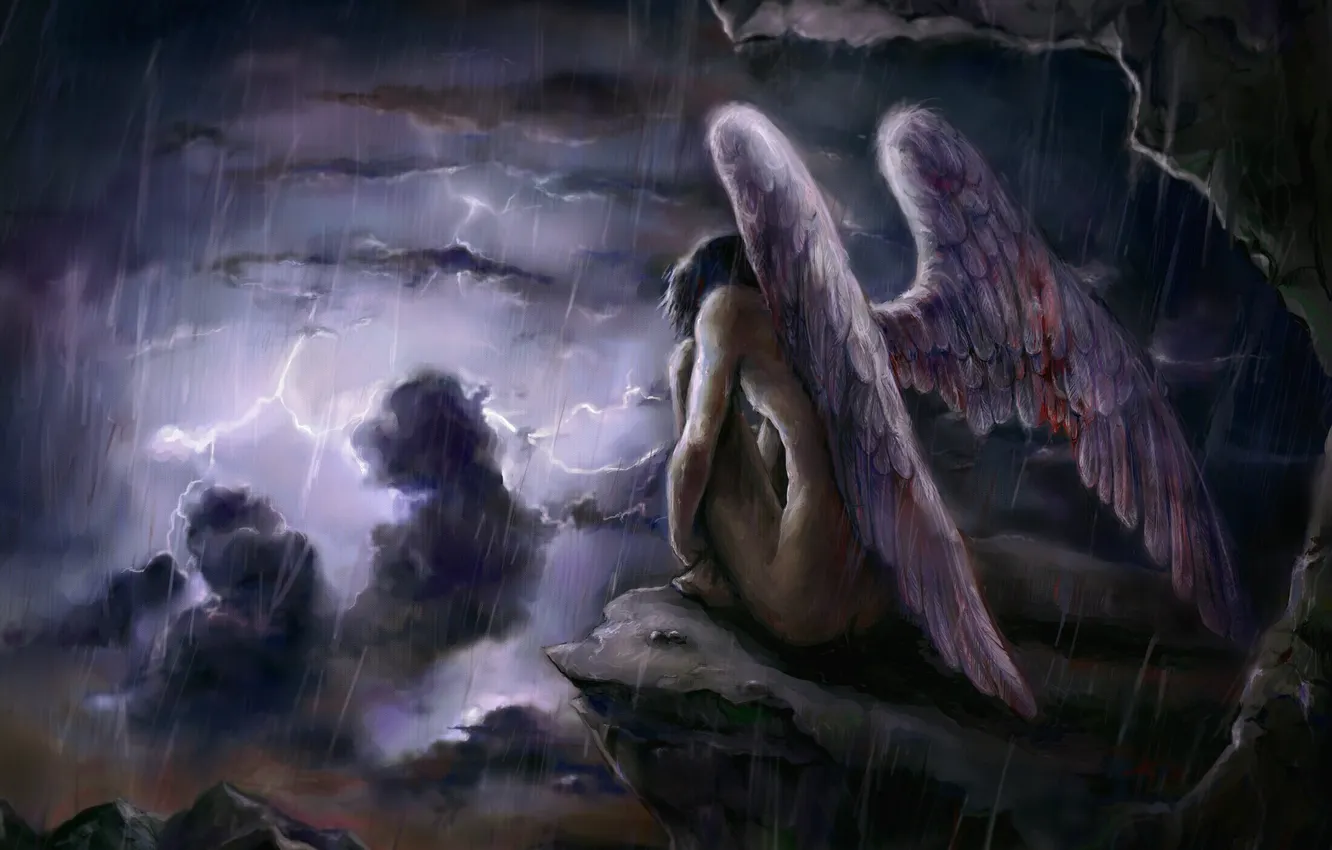 Фото обои небо, фантастика, крылья, арт, парень, ливень, падший ангел
