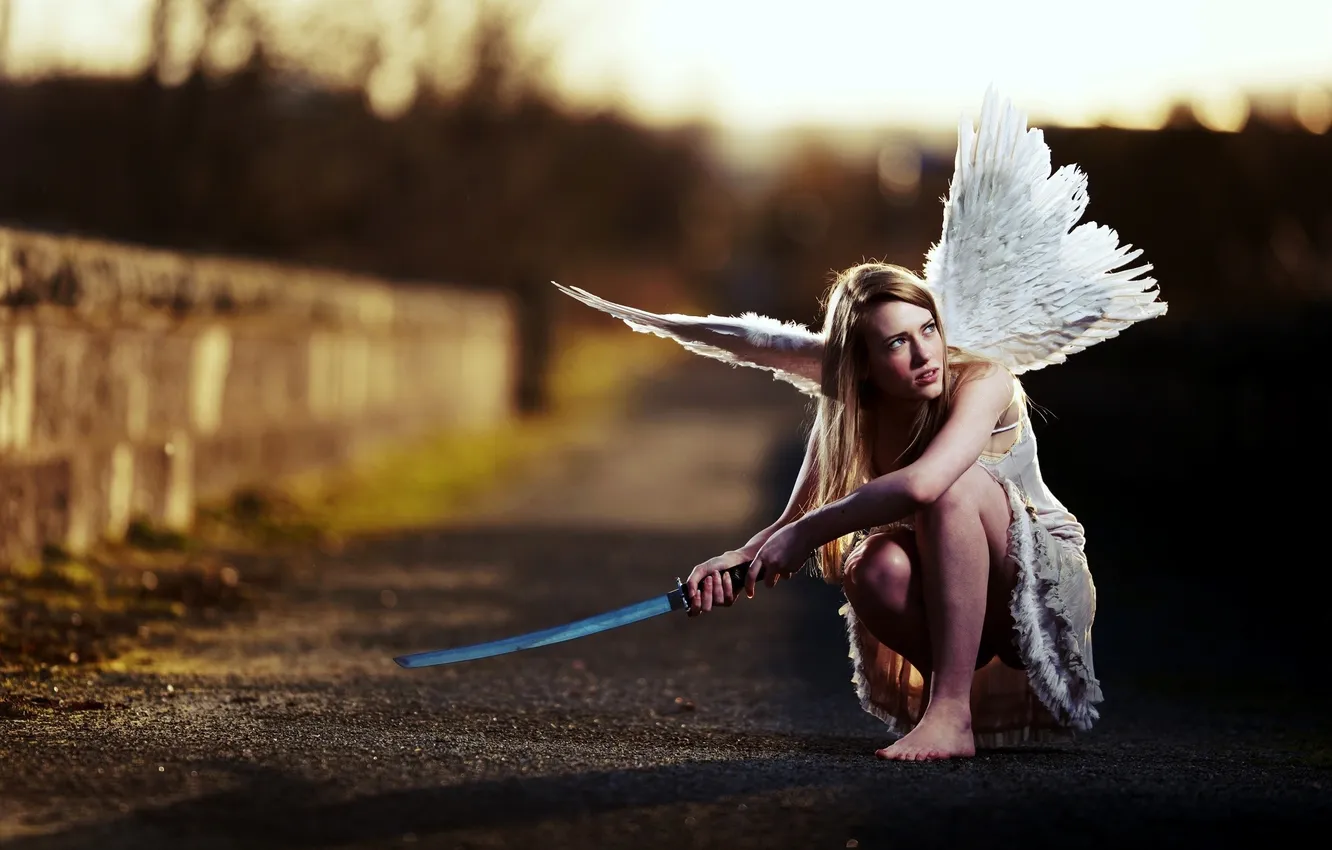 Фото обои дорога, крылья, катана, девушка-ангел