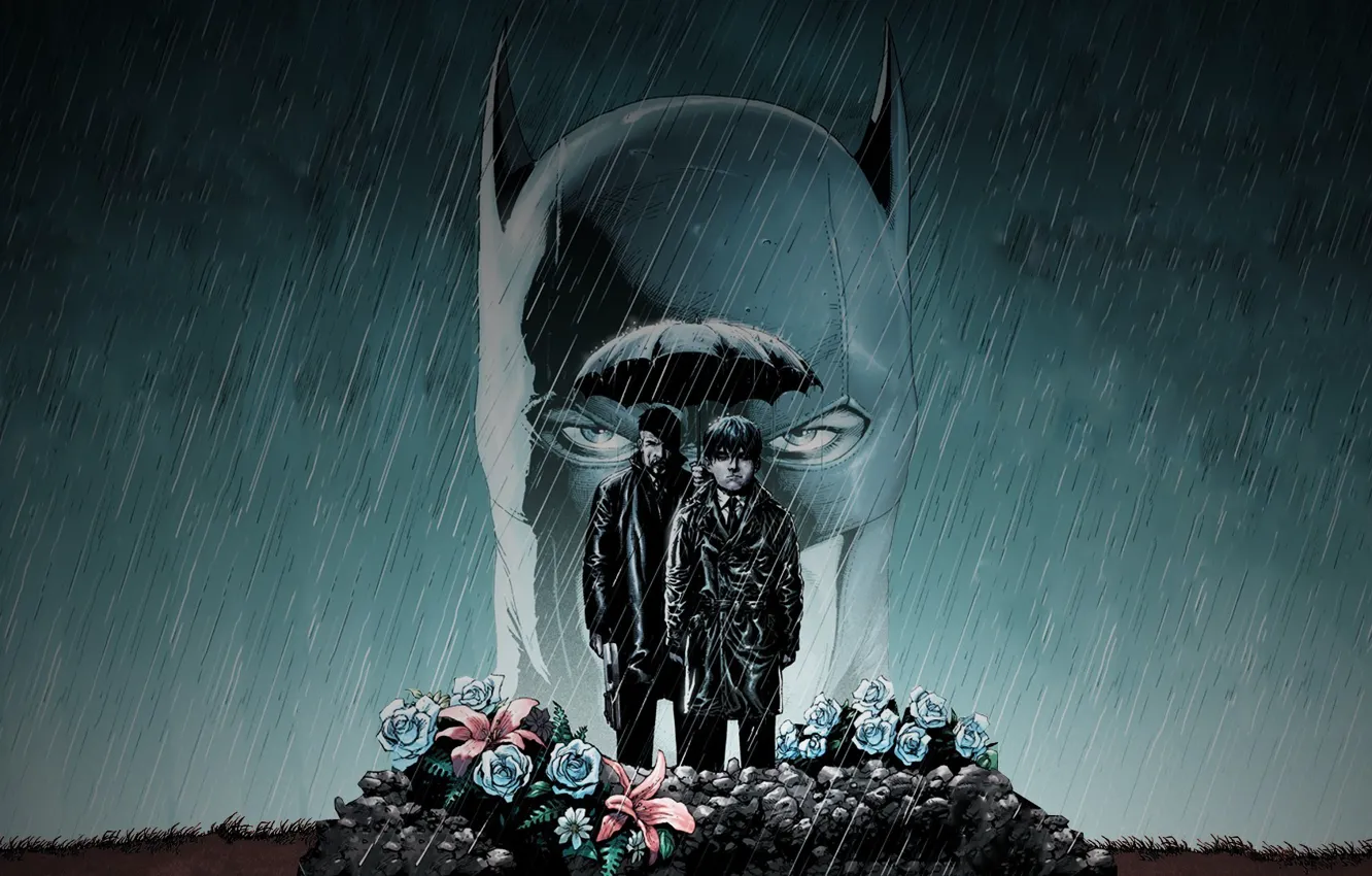 Фото обои fantasy, Batman, rain, umbrella, art, flowers, man, boy