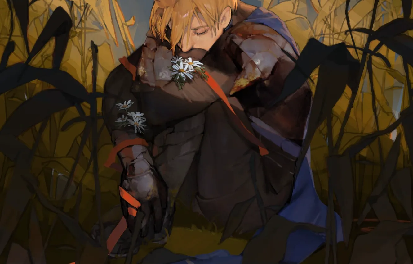 Фото обои цветок, трава, мужчина, грустит, Fire Emblem, Dimitri Alexandre Blaiddyd