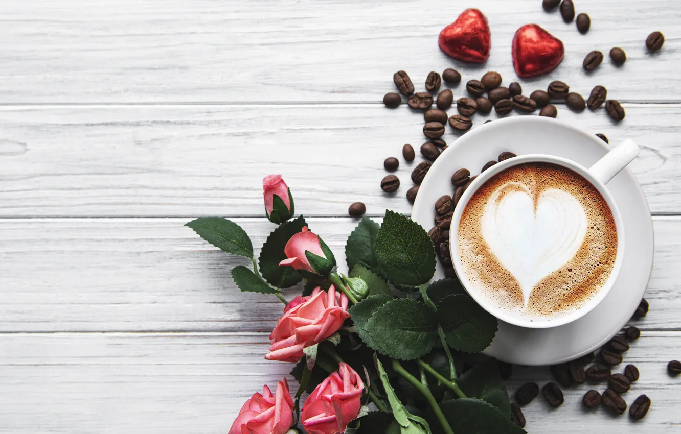 Фото обои сердце, кофе, розы, букет, конфеты, чашка, Olena Rudo