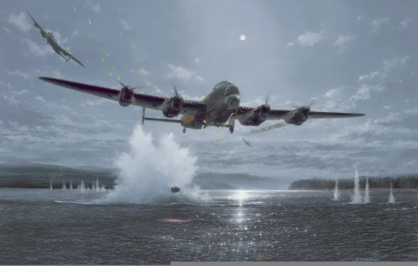 Фото обои war, art, painting, drawing, ww2, british aircraft, lancaster bomber, dambusters