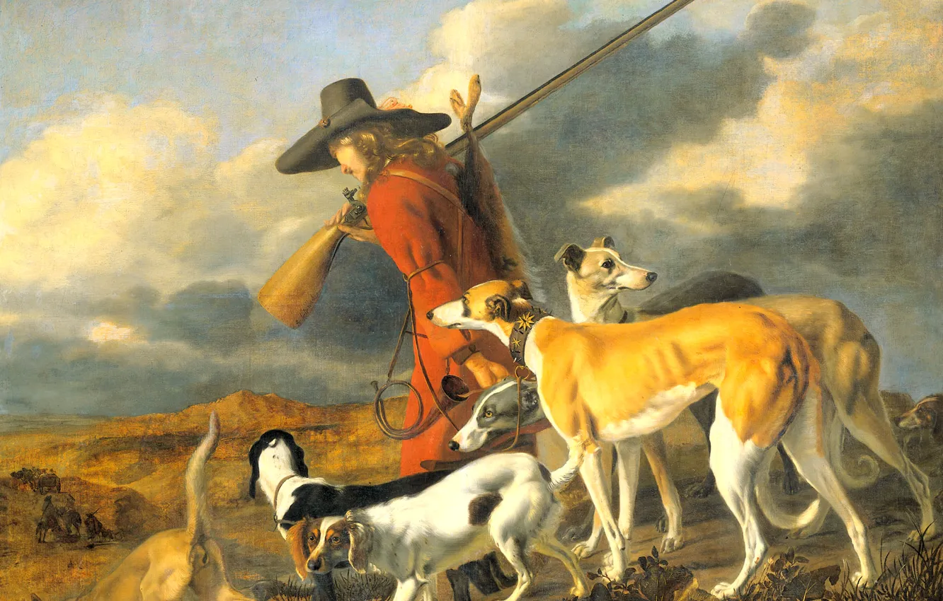 Фото обои собаки, картина, Охотник, жанровая, Adriaen Cornelisz Beeldemaker