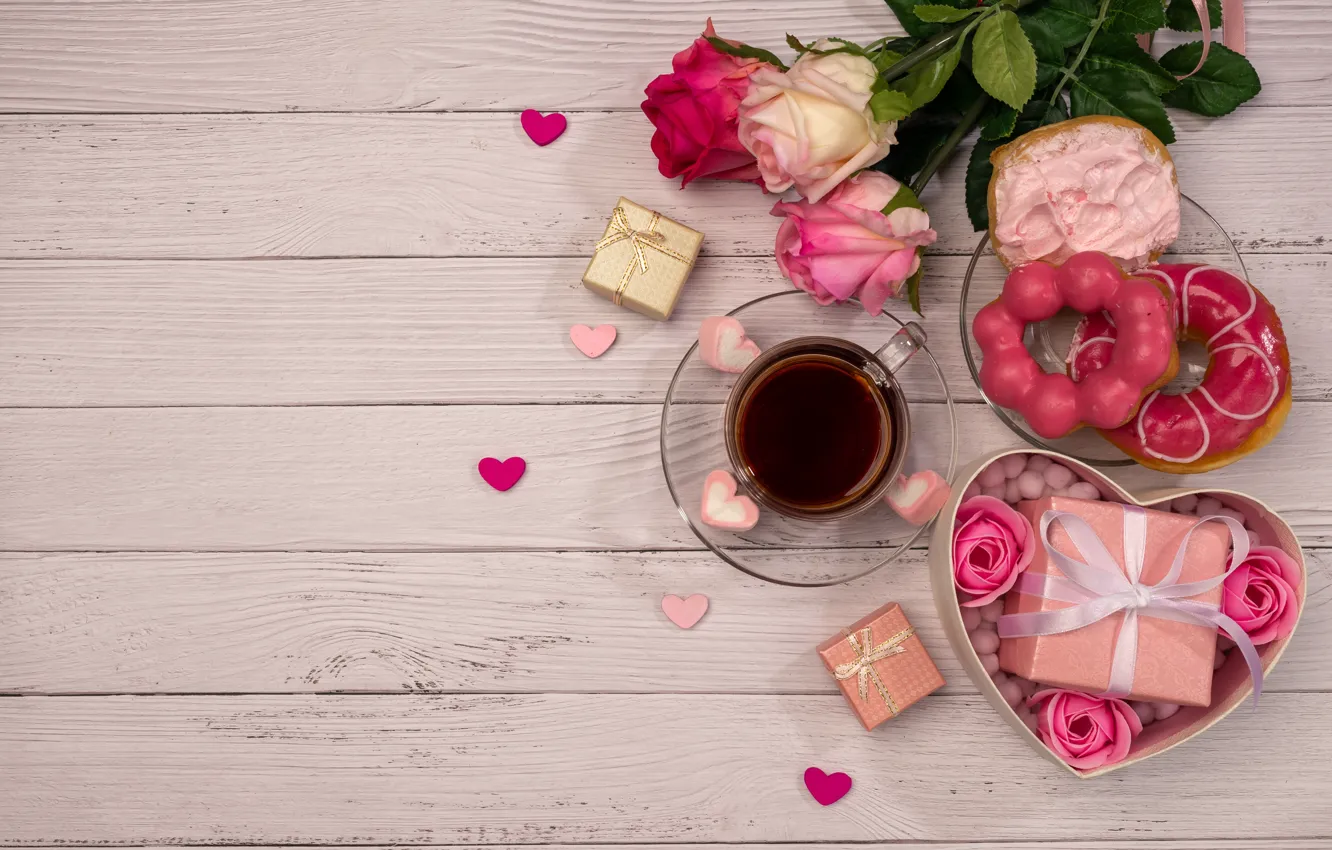 Фото обои чай, розы, букет, чашка, подарки, пончики, день святого валентина, Colnihko