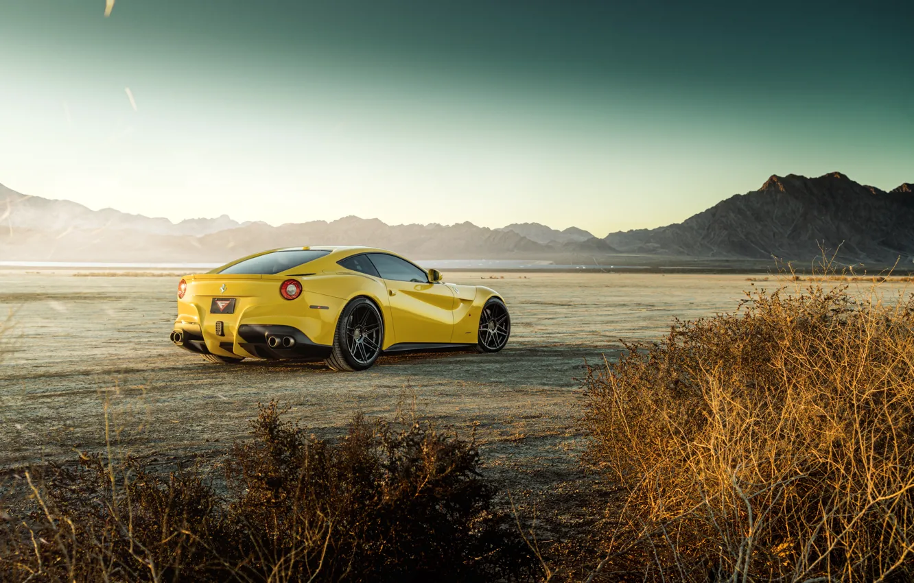 Фото обои дизайн, пустыня, кусты, желтая, классная, Ferrari F12