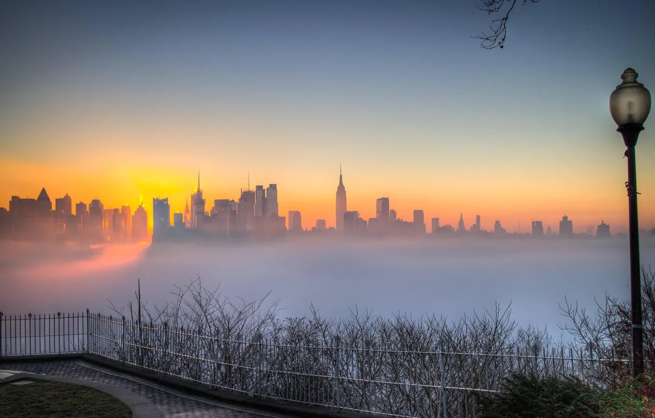 Фото обои город, туман, утро, Manhattan
