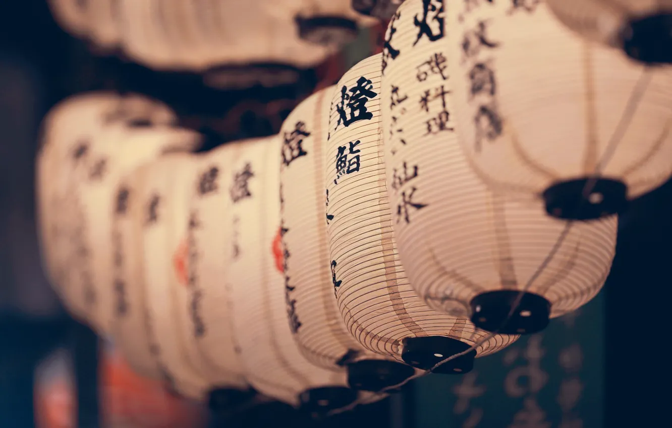 Фото обои макро, иероглифы, ряд, китайские фонари