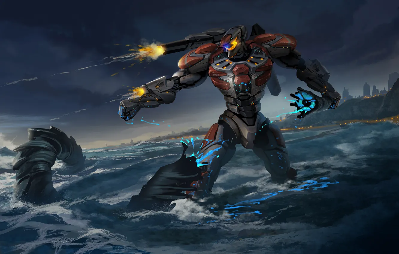 Фото обои море, фантастика, робот, гигант, pacific rim, jaeger