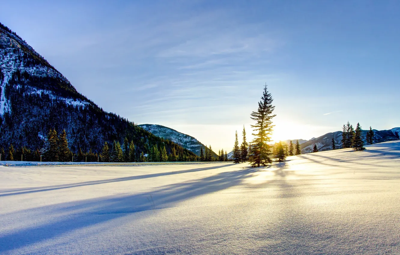 Фото обои зима, снег, горы, восход