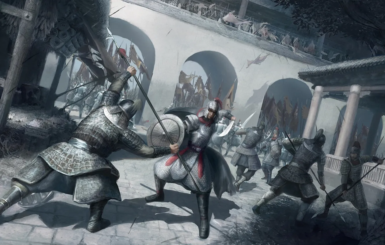 Фото обои оружие, замок, война, арт, самурай, мужчина, битва, сражение