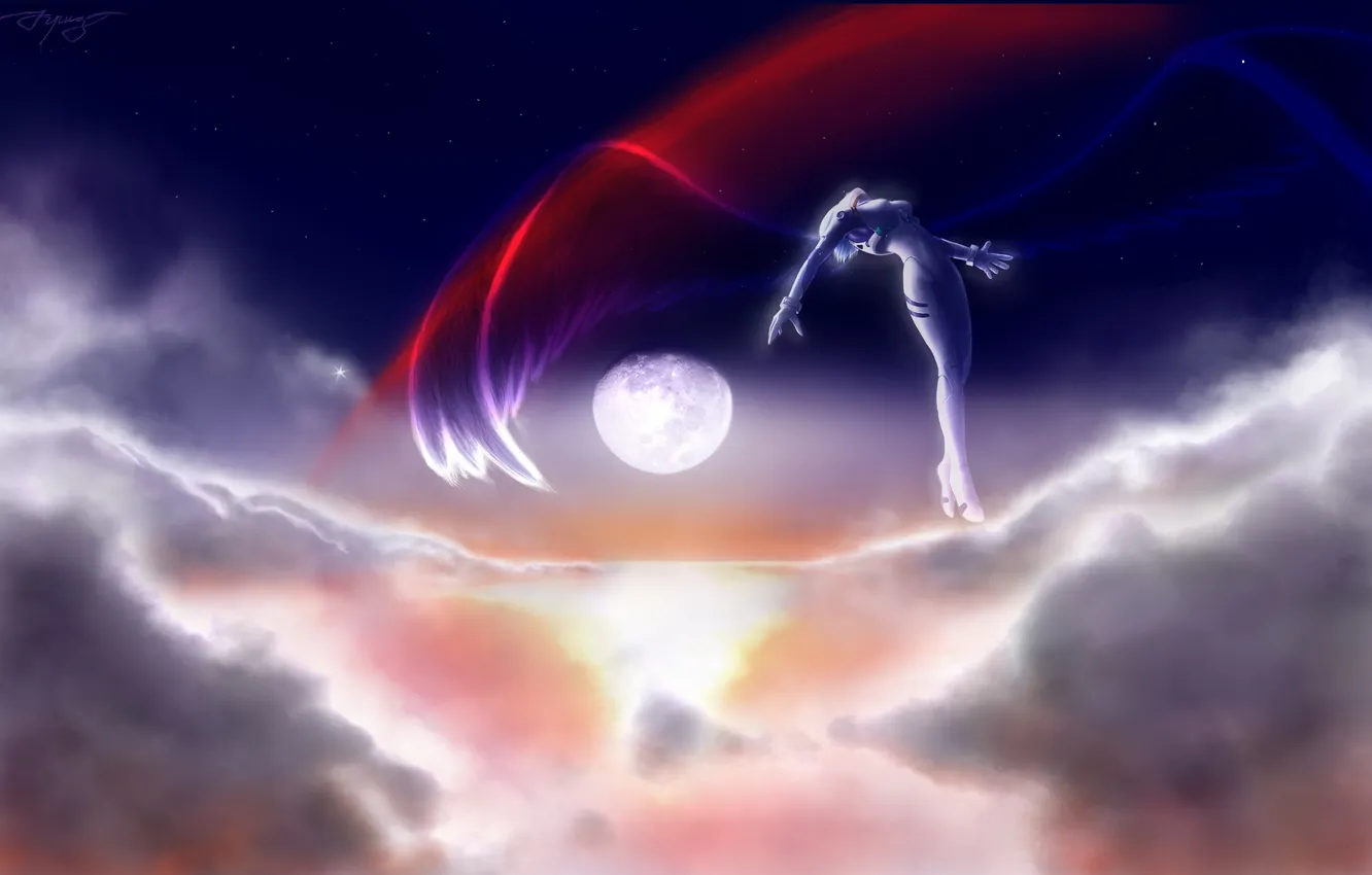 Фото обои небо, облака, луна, крылья, neon genesis evangelion, евангелион, Ayanami Rei, nge