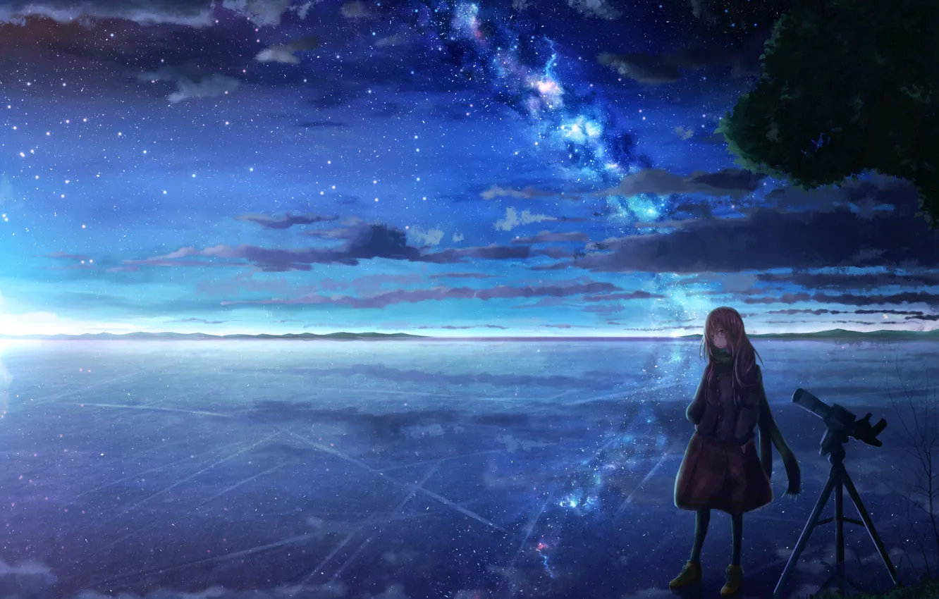 Фото обои лед, девушка, озеро, млечный путь, телескоп