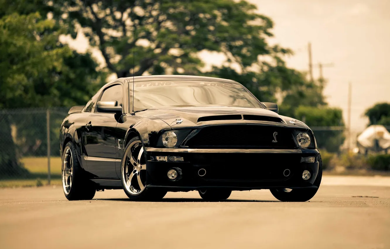 Фото обои Mustang, Ford, black, передняя часть