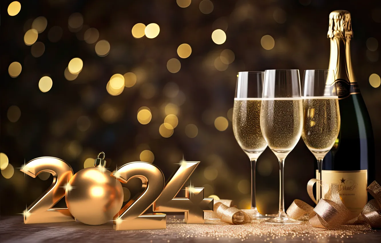 Фото обои украшения, золото, шары, Новый Год, бокалы, цифры, golden, new year
