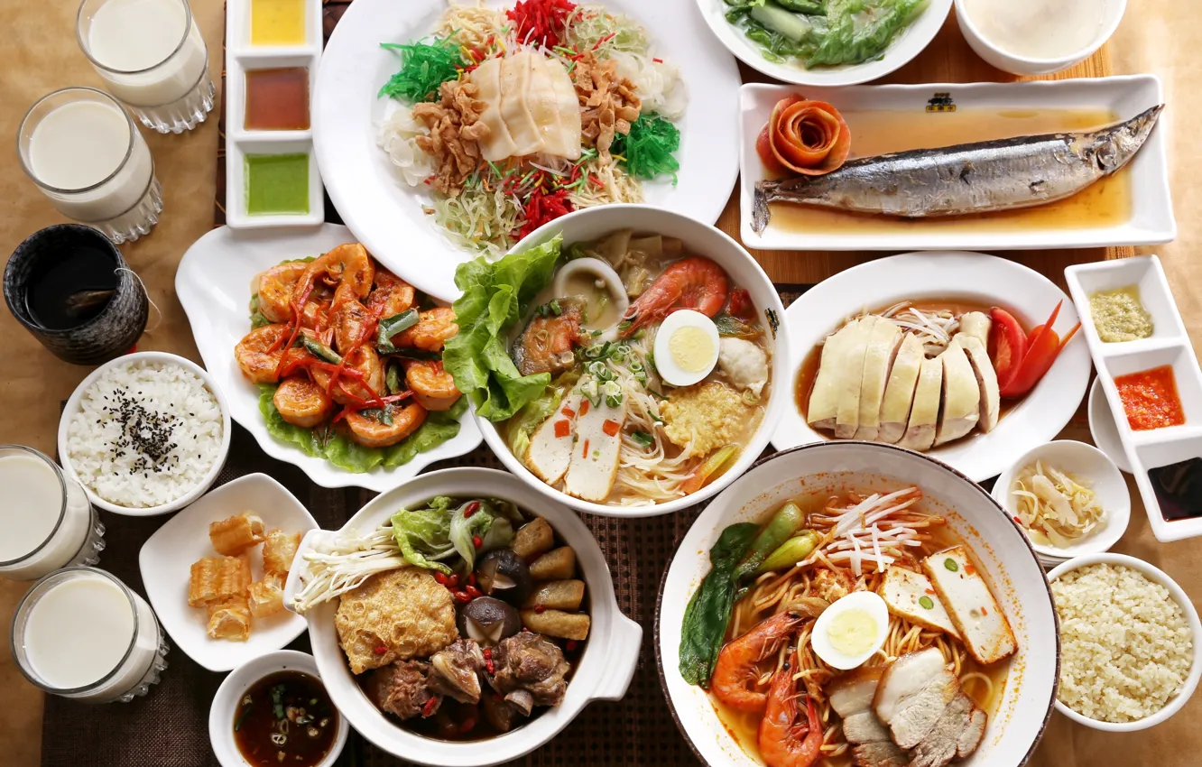 Фото обои рис, морепродукты, японская кухня, блюда, ассорти, соусы
