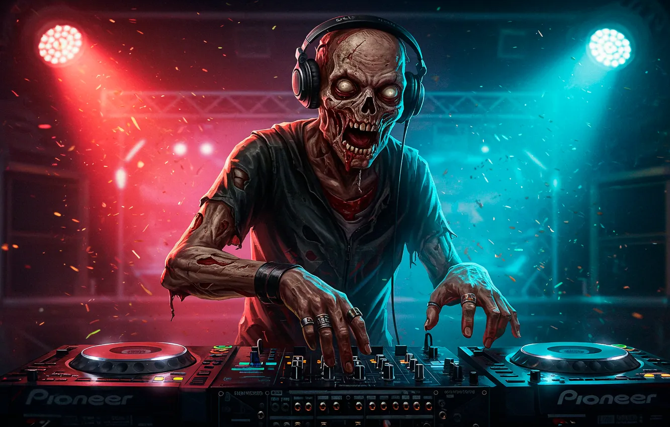Фото обои сцена, арт, зомби, пульт, zombies, диджей, art, scene
