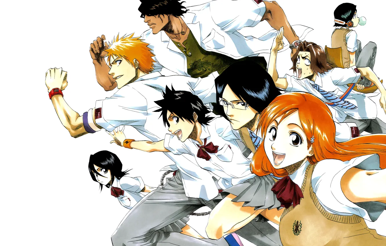 Фото обои Bleach, Ichigo Kurosaki, Rukia Kuchiki, Orihime Inoue, Yasutora Sado, Uryuu Ishida, Tatsuki Arisawa