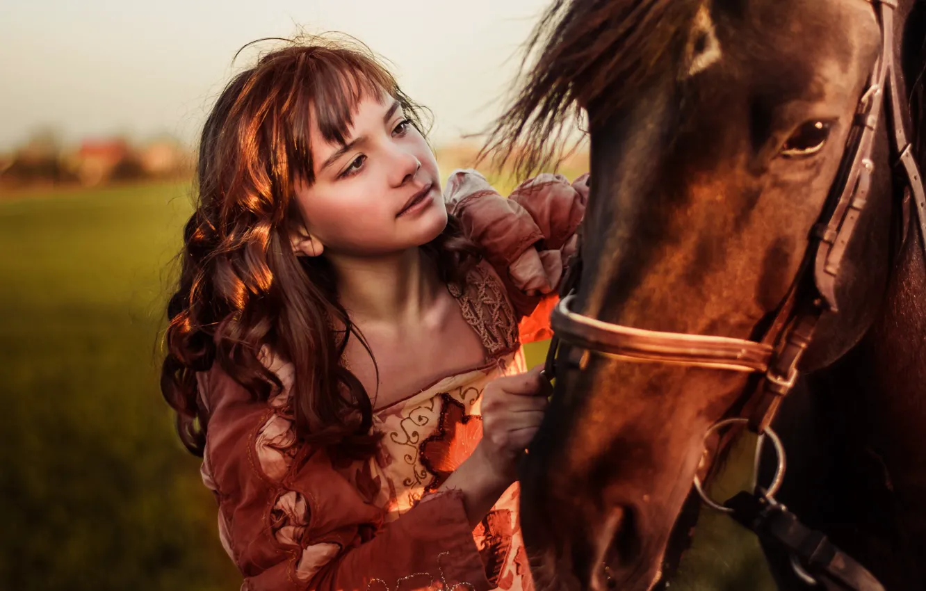 Фото обои девушка, животное, конь, платье, шатенка, локоны