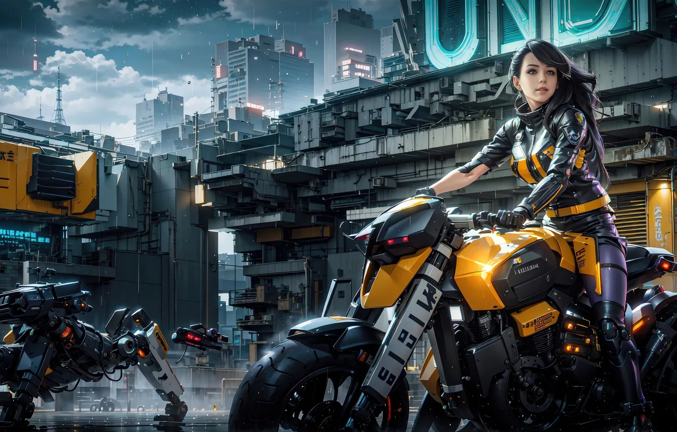 Фото обои girl, fantasy, bike, cyberpunk, robots
