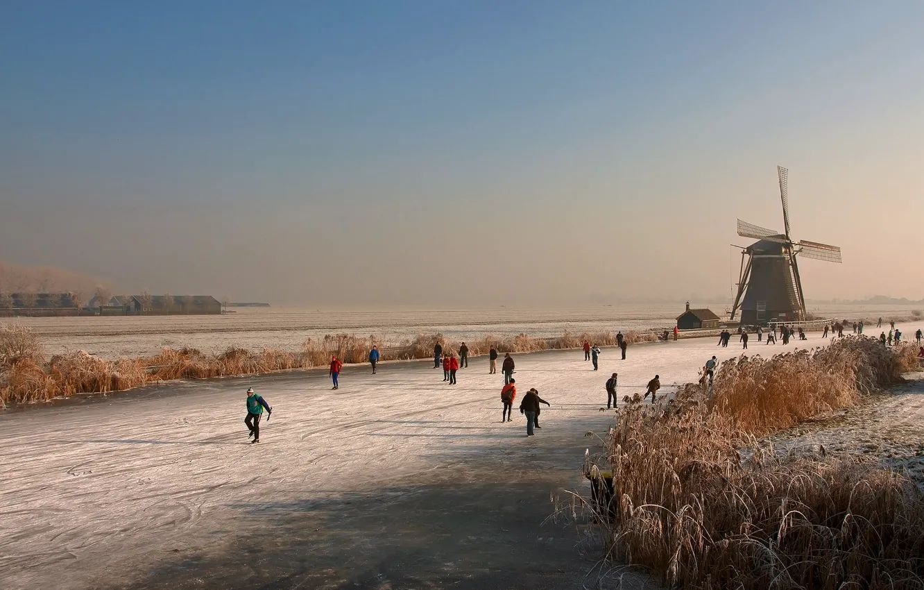 Фото обои лед, зима, река, мельница, каток, Голландия
