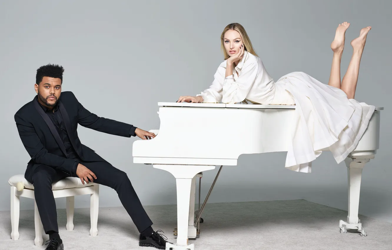 Фото обои девушка, мужчина, пианино, Кэндис Свейнпол, Candice Swanepoel, The Weeknd, Harpers Bazaar