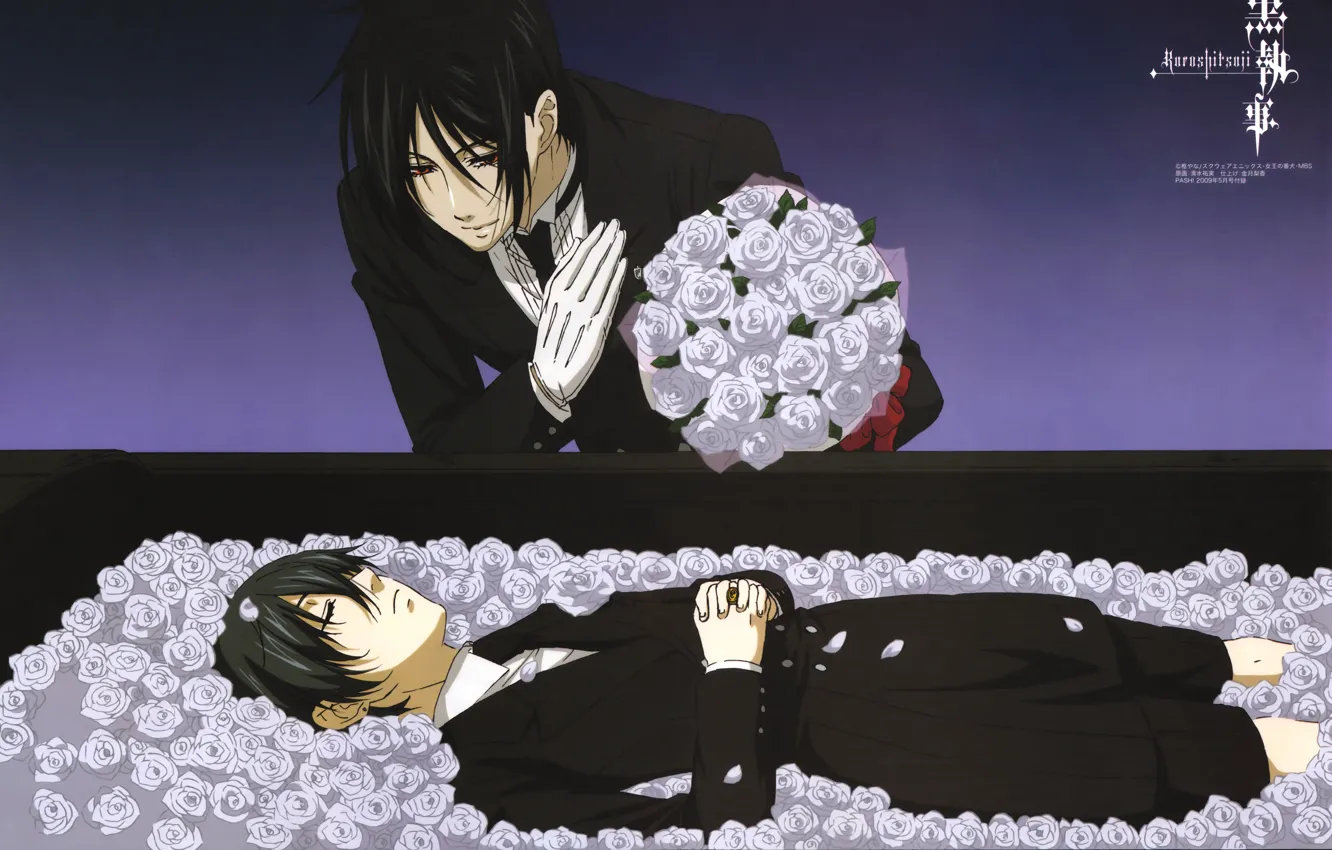Фото обои розы, белые, гроб, art, скорбь, Kuroshitsuji, Sebastian Michaelis, Ciel Phantomhive