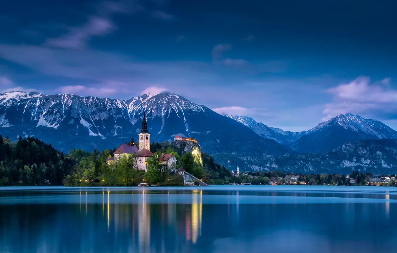 Фото обои горы, озеро, остров, Словения, Lake Bled, Slovenia, Бледское озеро, Блед