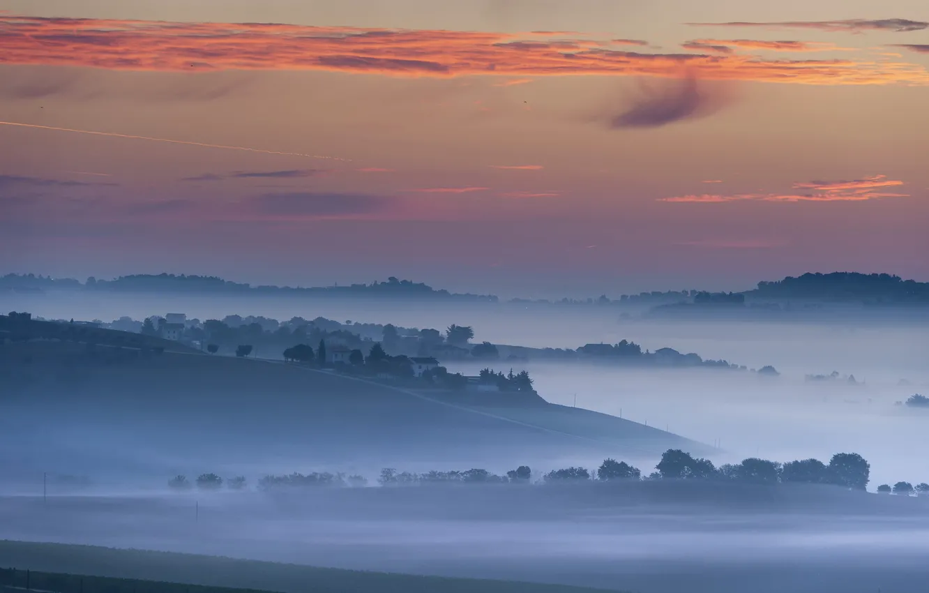 Фото обои landscape, fog, sunrise, mist, Marche, Macerata, nebbia, paesaggio