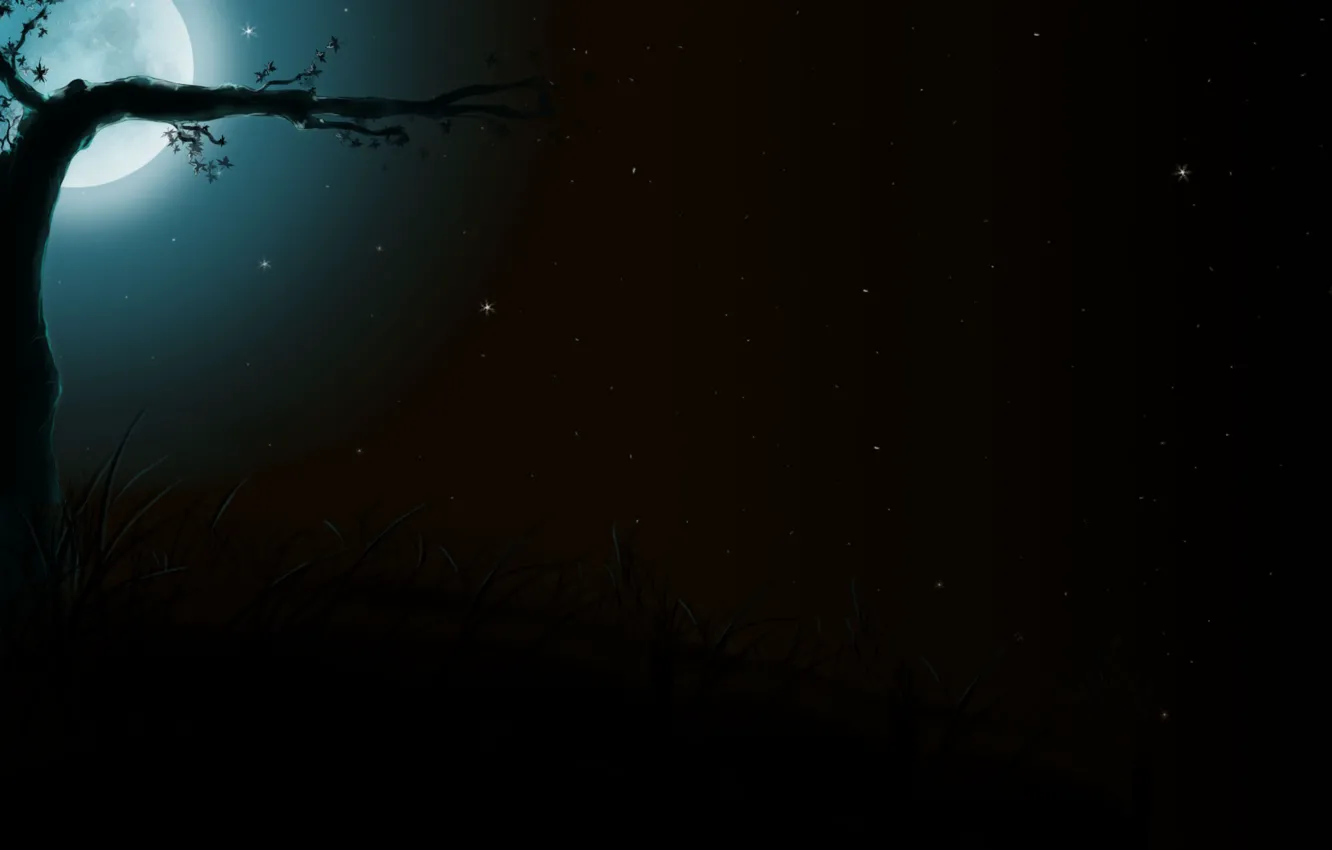 Фото обои трава, ночь, дерево, луна