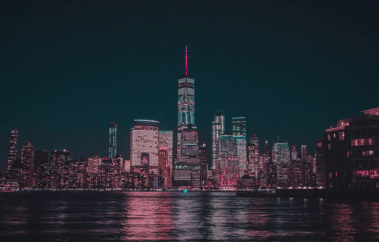 Фото обои red, night, new york, new york city, nyc, skyscrapers