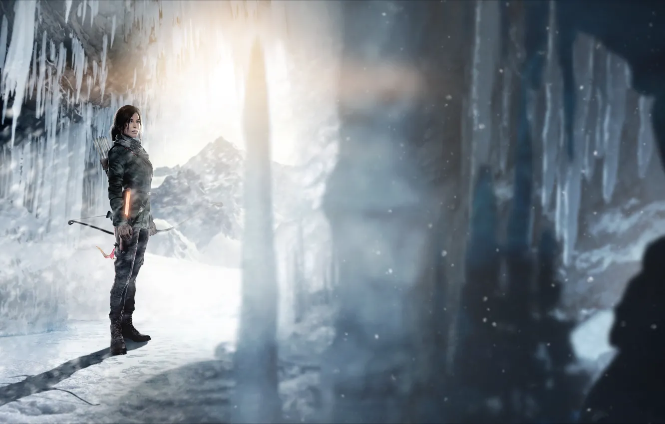 Фото обои лед, девушка, свет, лук, пещера, стрелы, lara croft, tomb raider