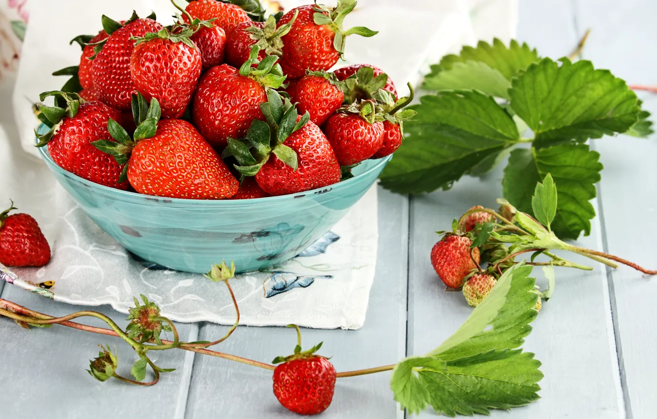 Фото обои листья, ягоды, клубника, красные, миска, fresh, спелая, strawberry