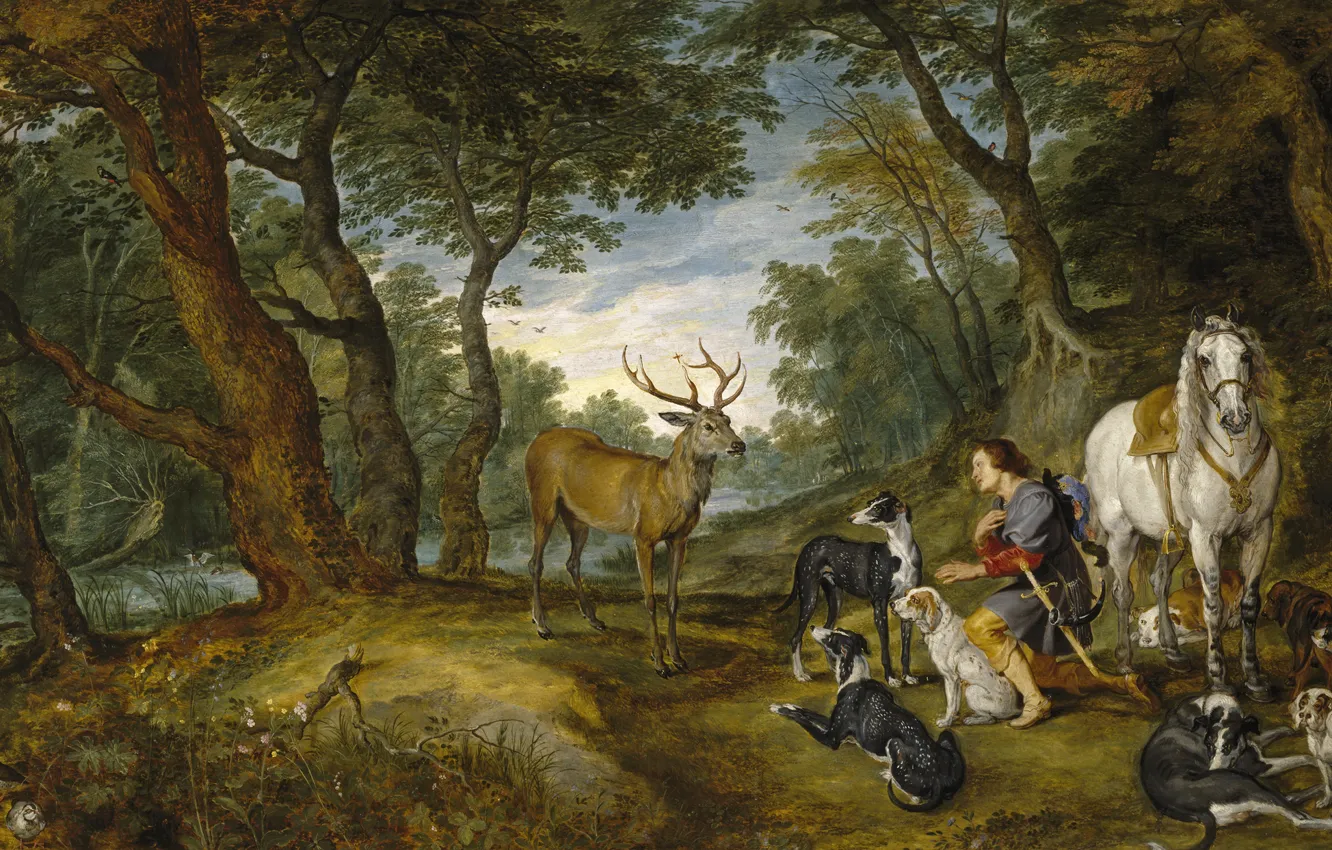 Фото обои лес, собаки, лошадь, картина, олень, мифология, Ян Брейгель старший, Видение Святого Губерта