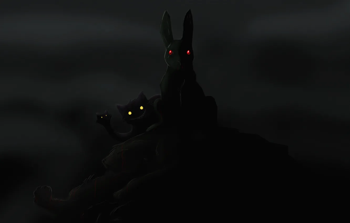 Фото обои глаза, кошки, темнота, гора, заяц, силуэты