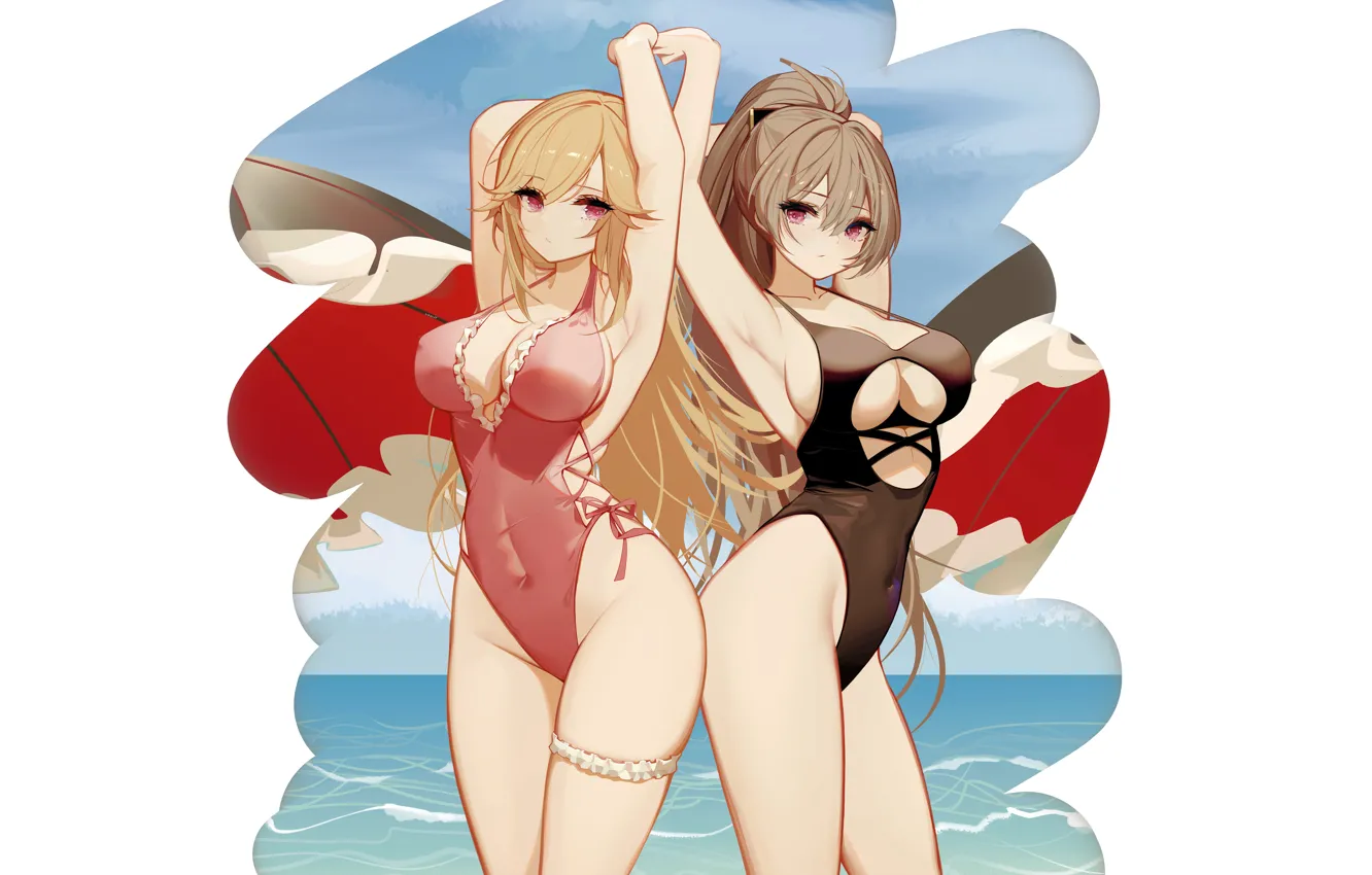 Фото обои sexy, cleavage, long hair, sea, girls, brown hair, boobs, anime