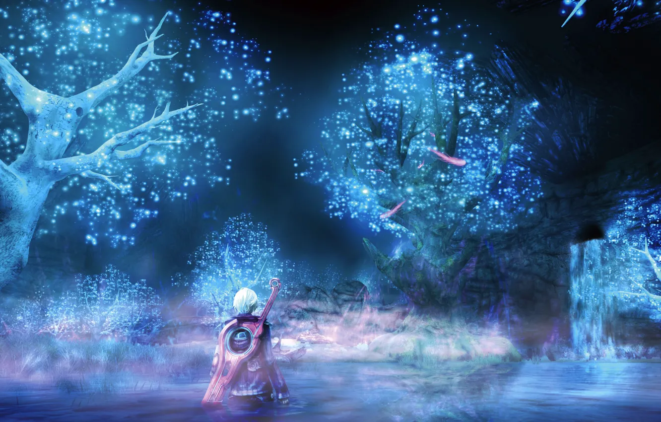 Фото обои вода, деревья, ночь, озеро, оружие, водопад, меч, аниме