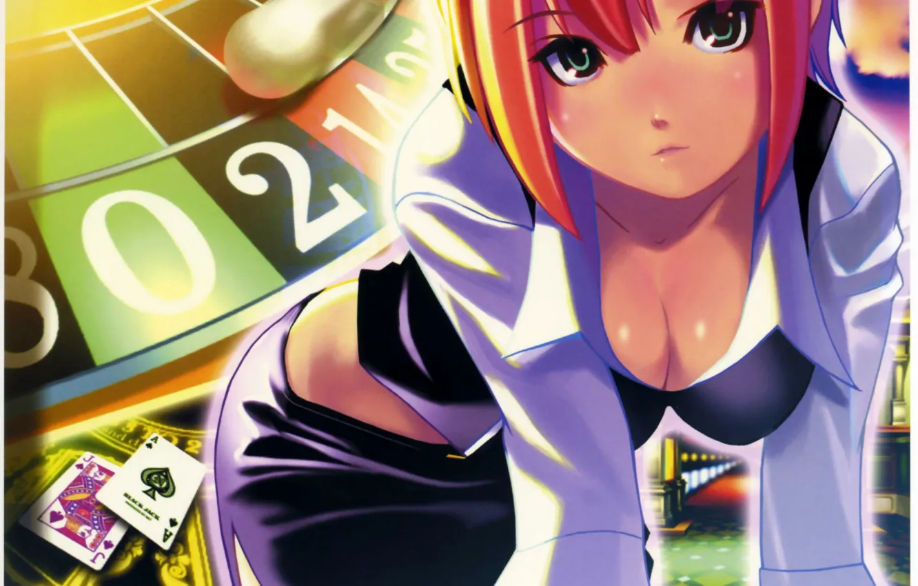 Фото обои декольте, казино, красные волосы, рулетка, visual novel, Rio, белая блузка, игральные карты