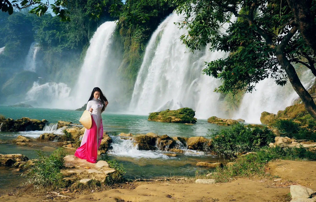 Фото обои девушка, природа, водопад, прогулка, восточная