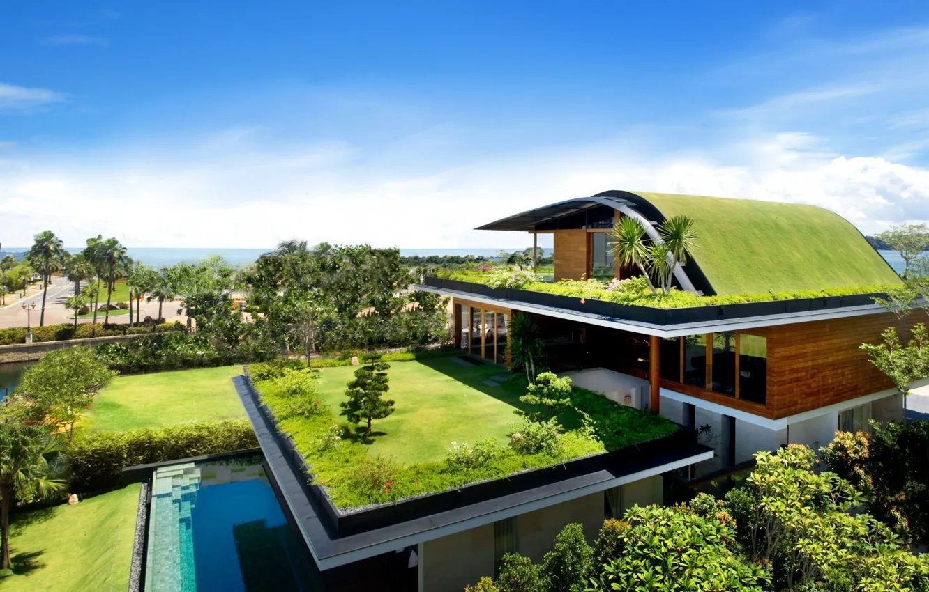Фото обои House, Grass, Green, Landscape, Pool