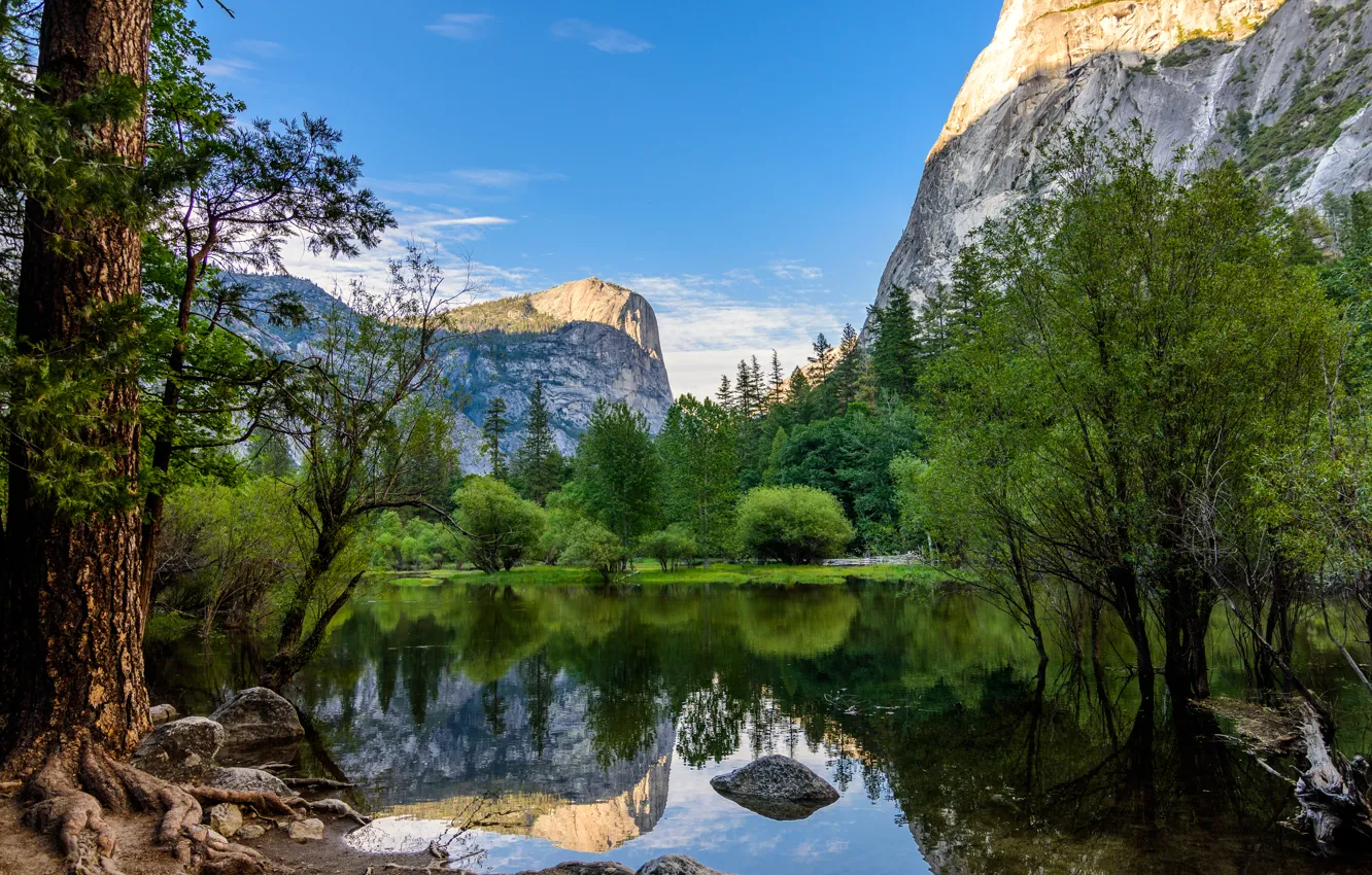 Фото обои деревья, горы, озеро, отражение, Калифорния, Йосемити, California, Национальный парк Йосемити
