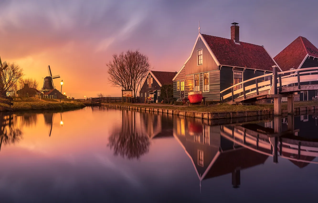 Фото обои дома, канал, мельницы, Нидерланды, Zaanse Schans