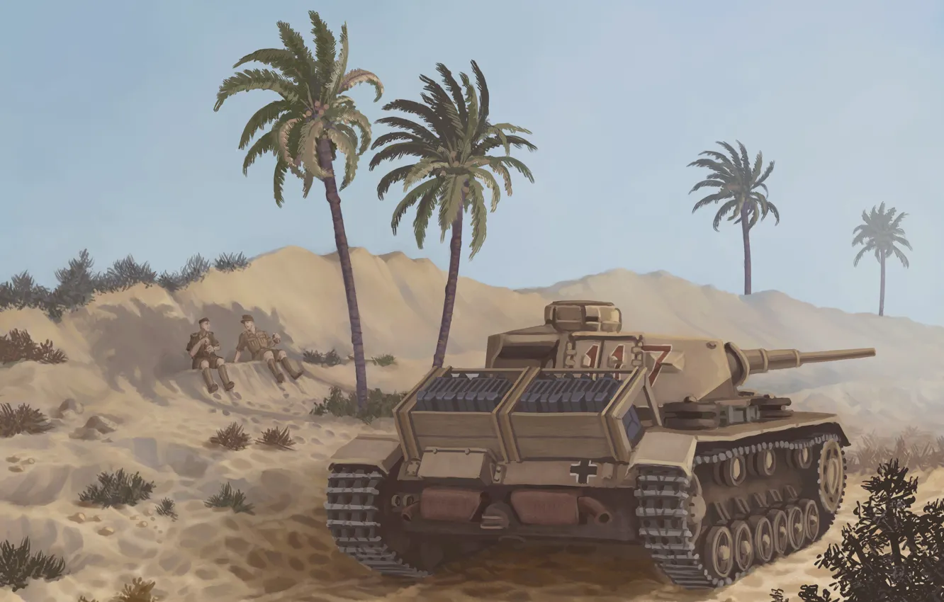 Фото обои war, art, tank, ww2, panzer 3, africa korps, geman tank