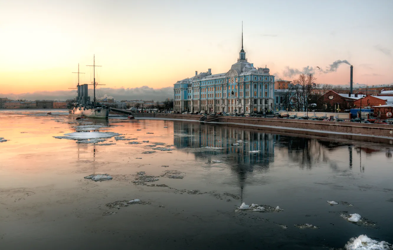 Фото обои утро, Санкт-Петербург, Аврора, крейсер