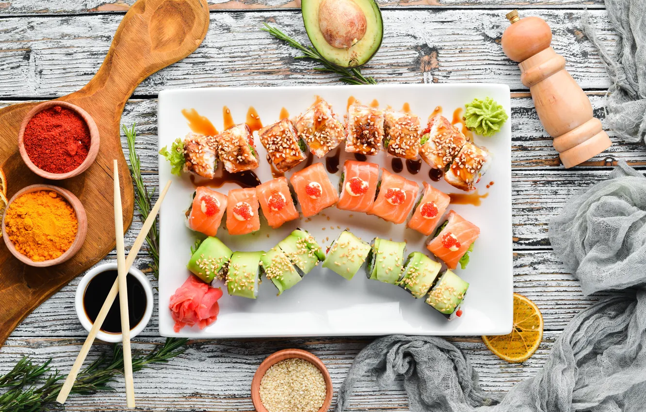 Фото обои еда, тарелка, суши, морепродукты, специи