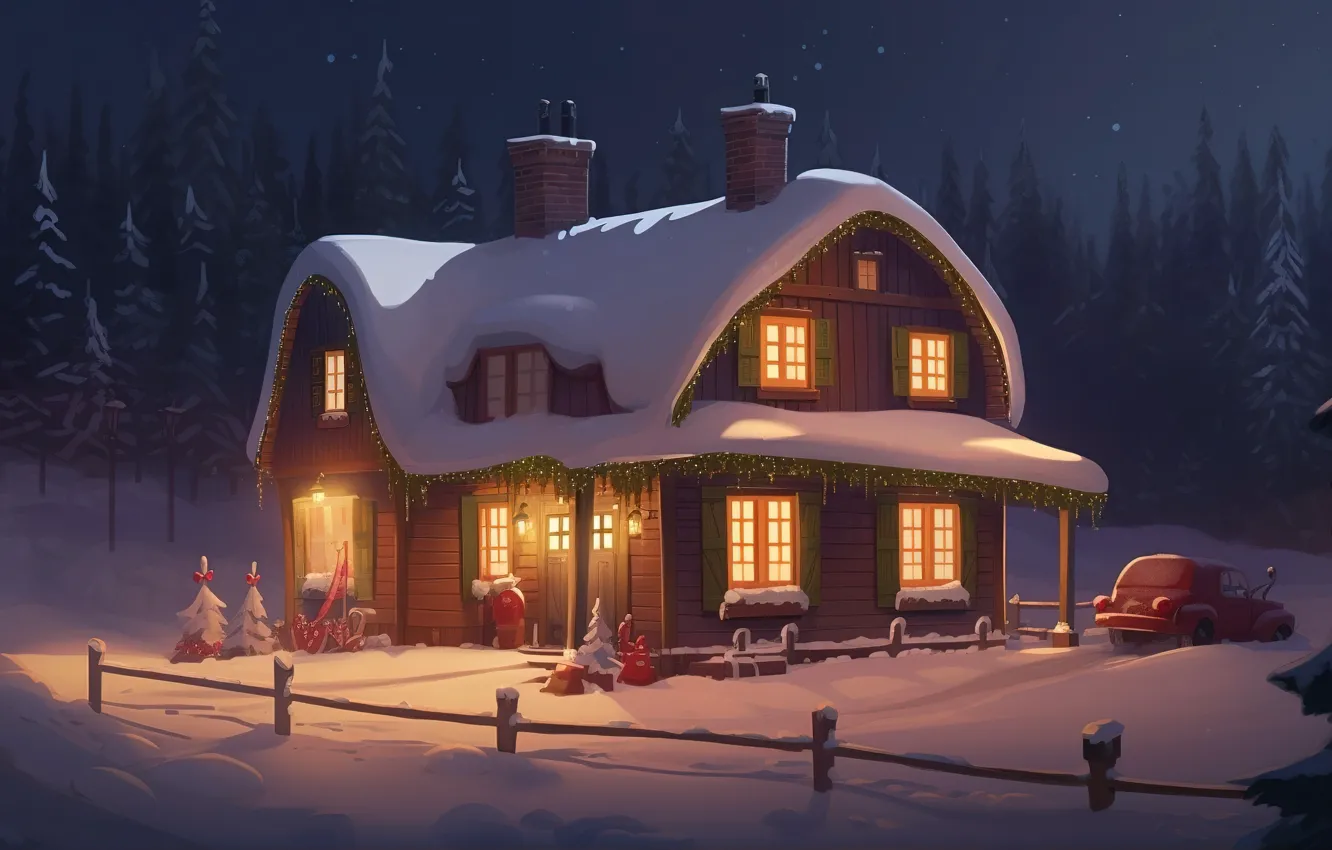 Фото обои зима, снег, ночь, lights, Новый Год, мороз, Рождество, домик
